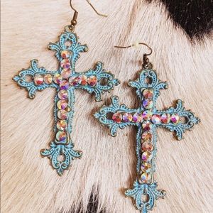Teal Cross Rhinestone Earring